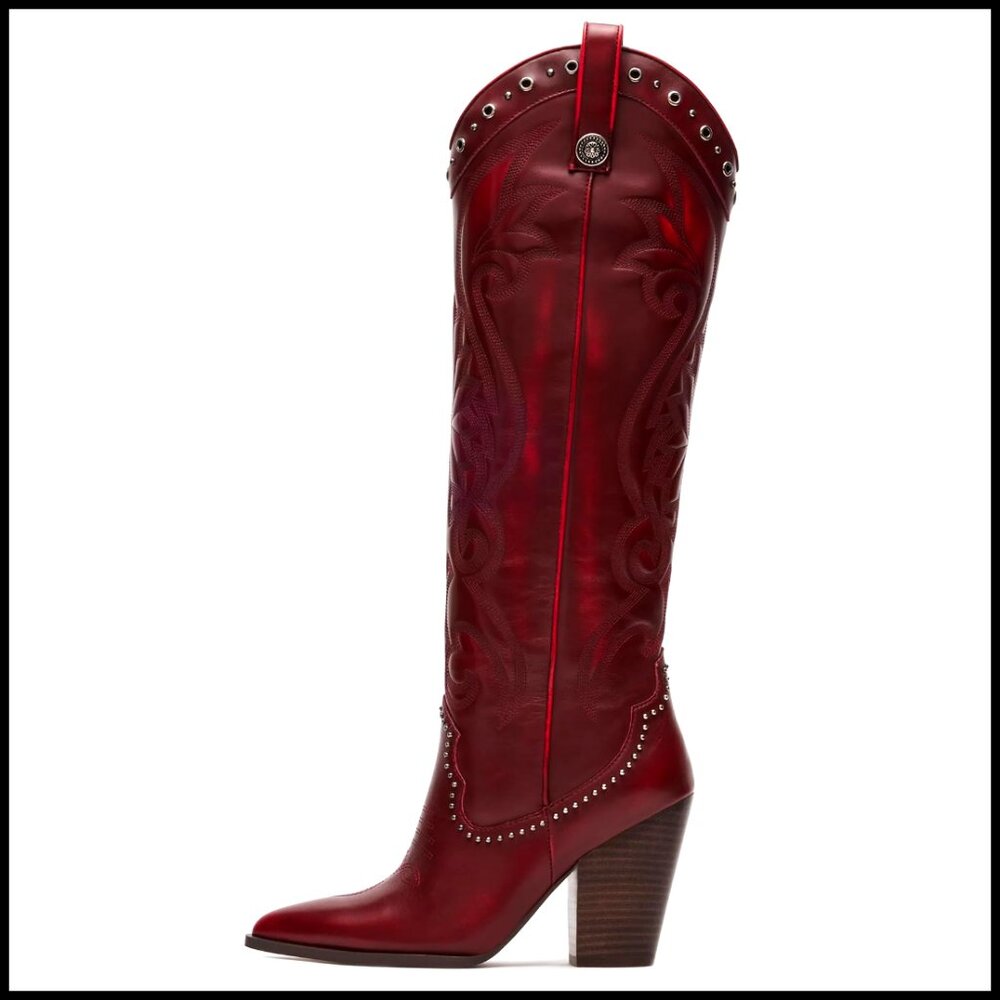 Knee High Cowboy Boots Pointed Toe Chunky Heel Western Pull On Embroidered